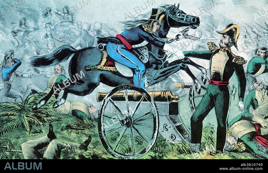 Lithograph entitled and captioned: "Battle of Resaca de la Palma, May 9th, 1846, Capture of General Vega by the gallant Captain May. Before war was officially declared (May 13th, 1846) General Zachary Taylor fought the Mexican troops and repulsed the enemy's cavalry attack. Some 1700 Americans faced 5700 Mexicans, driving them across the Rio Grande. This success made 'old Rough and Ready' a popular hero." The Mexican-American War was an armed conflict between the United States of America and Mexico from 1846 to 1848 in the wake of the 1845 US annexation of Texas. Combat operations lasted from spring 1846 to fall 1847. American forces quickly occupied New Mexico and California and then invaded parts of Northeastern Mexico and Northwest Mexico. The Pacific Squadron conducted a blockade, and took control of several garrisons on the Pacific coast in Baja California. After Mexico would still not agree to the cession of its northern territories, another American army captured Mexico City, and the war ended in victory of the US. The Treaty of Guadalupe Hidalgo forced Mexican Cession of the territories of Alta California and New Mexico to the US in exchange for $18 million. In addition, the United States forgave debt owed by the Mexican government to US citizens. Mexico accepted the Rio Grande as its national border, and the loss of Texas.