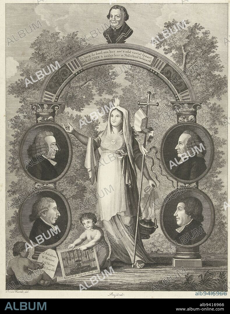 Allegorical representation showing a gate of honor with four portraits of Reformed Evangelical Lutheran ministers Scholten, Reuter, Meyer and Jacobi in Amsterdam On the gate is a portrait of Martin Luther Below the gate is the personification of the Faith Next to her on the ground, a naked boy shows a print showing the interior of the new Restored Evangelical Lutheran Church on Kloveniersburgwal, consecrated on 28 August and 1 September 1793, Allegory of the Pastors of the Restored Evangelical Lutheran Church in Amsterdam, 1793, print maker: Cornelis Bogerts, (mentioned on object), intermediary draughtsman: C. van Waard, (mentioned on object), Amsterdam, 1793, paper, etching, h 390 mm × w 310 mm.