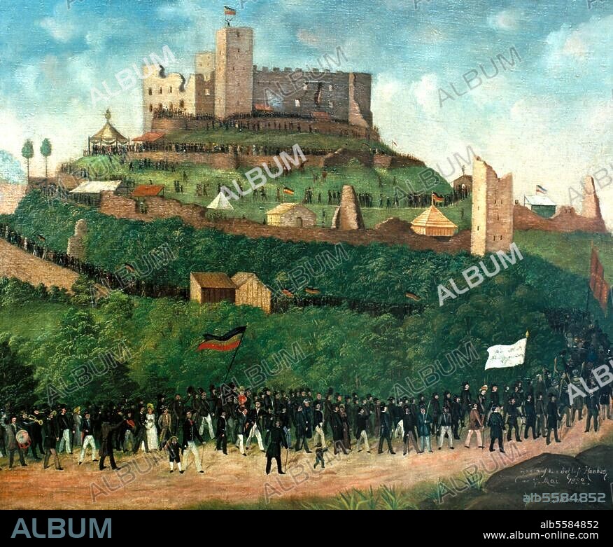 Hambacher Fest, 27.-30. Mai 1832 (demokrat.-republikanische Massenkundgebung auf der Maxburg in Hambach an der Weinstraße). -"Zug auf das Hambacher Schloß am 27. Mai 1832." - Gemälde, 1832, von Joseph Weber (1803-1881?). Öl auf Leinwand, 52,5 × 63,5 cm. Neustadt / Weinstraße, Heimatmuseum.