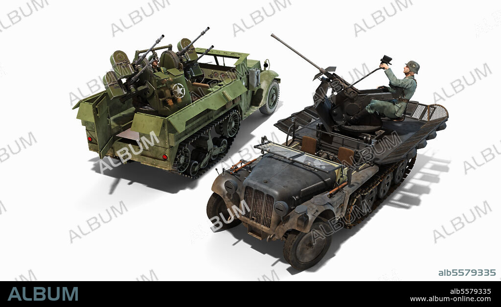 Comparison of two anti-aircraft guns, self-propelled in half-track vehicles: the M16 Multiple Gun Motor Carriage and the Flak 30 mounted on a Sd.Kfz.10 half-track vehicle.