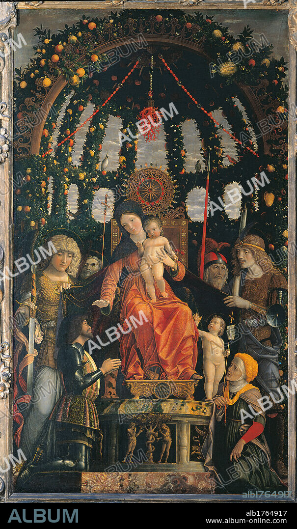 Madonna of Victory, by Andrea Mantegna, 1496, 15th Century, tempera on canvas, cm 280 x 166. France, Ile de France, Paris, Muse du Louvre. All. Virgin Child throne apse pedestal bas reliefs red coral marquis Francesco II Gonzaga St Elizabeth Young St John saints fruit garlands marble.