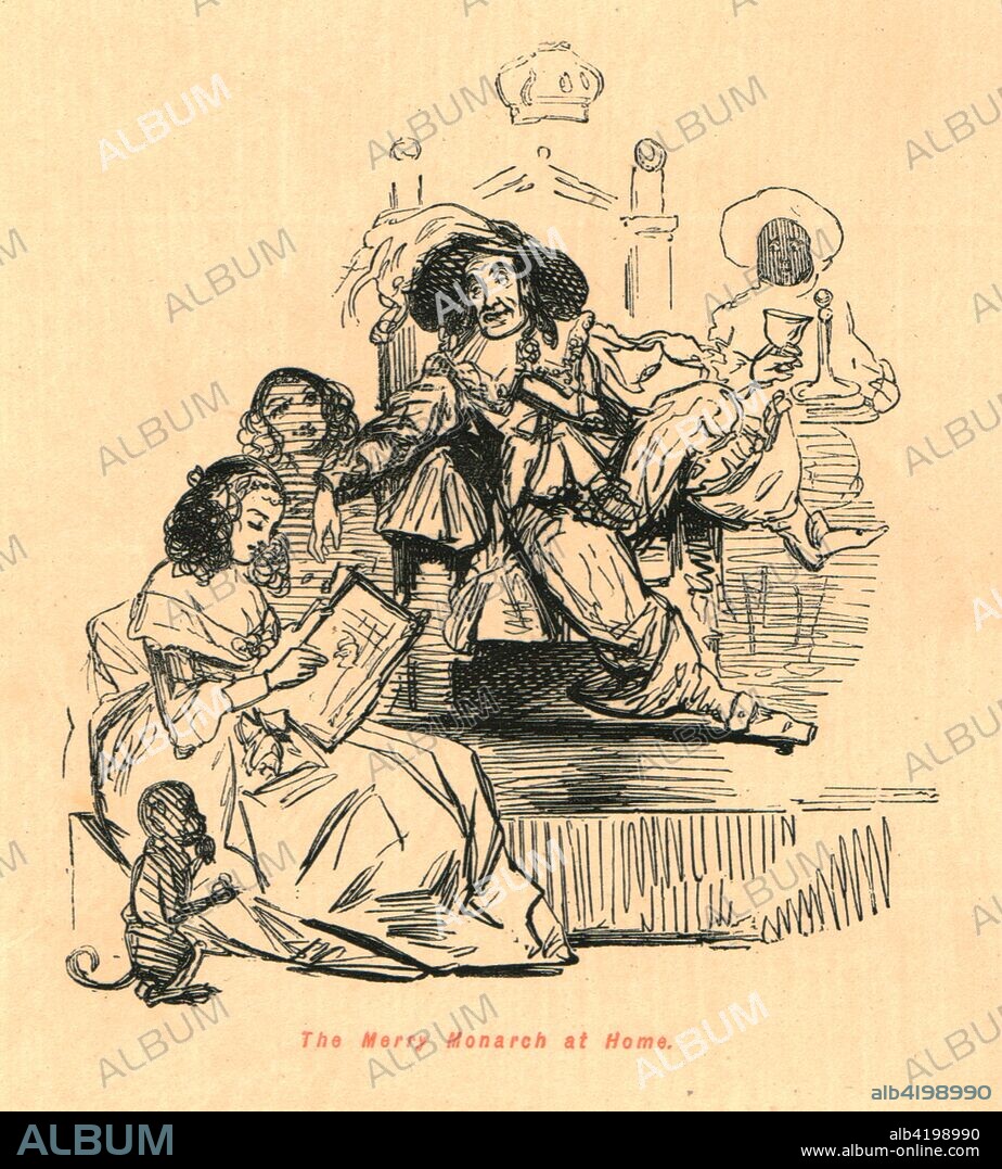 'The Merry Monarch at Home', 1897. Caricature of King Charles II of England (1630-1685) lounging on his throne being read to by a young woman. Charles famously had several mistresses. From "The Comic History of England" by Gilbert Abbott A Beckett, with satirical illustrations by John Leech. [Bradbury, Agnew & Co, London, 1897].