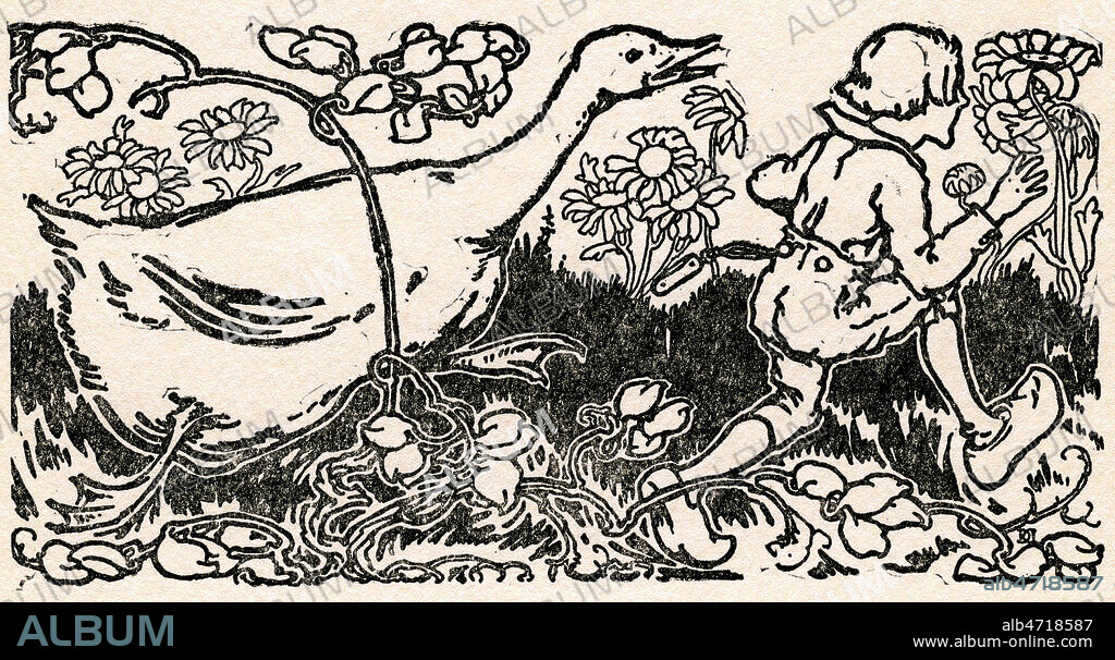 (Nils Holgersson poursuivi par une oie). Illustration de 1925 par Mary Hamilton FRYE pour Les merveilleuses aventures de Nils Holgersson par Selma LAGERLOF (1858-1940). Credit : Coll. Jonas/KHARBINE-TAPABOR.