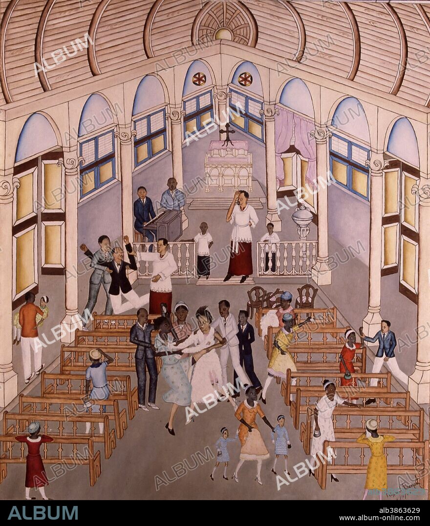 BENOIT , RIGAUD. PINTOR HAITI . 1911- 1986. " LA BODA INTERRUMPIDA " , OLEO SOBRE MASONITA , AÑO 1966. COLECCION SELDEN RODMAN. . ATENCION: AUTOR CONTEMPORANEO SUJETO A COPYRIGHT ©. EL CLIENTE FINAL ES RESPONSABLE DE LA GESTION DE LOS DERECHOS DE AUTOR CON LAS SOCIEDADES EXISTENTES DE GESTION DE DERECHOS O DIRECTAMENTE CON LOS ORGANISMOS TITULARES DE LOS MISMOS.