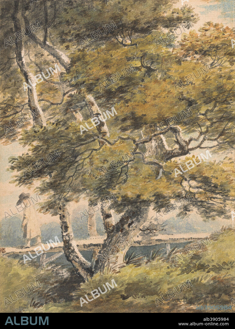 PAUL SANDBY. Trees, with a Man Crossing a Footbridge. Landscape. Watercolor on thick, slightly textured card. Height: 244 mm (9.60 in); Width: 181 mm (7.12 in).