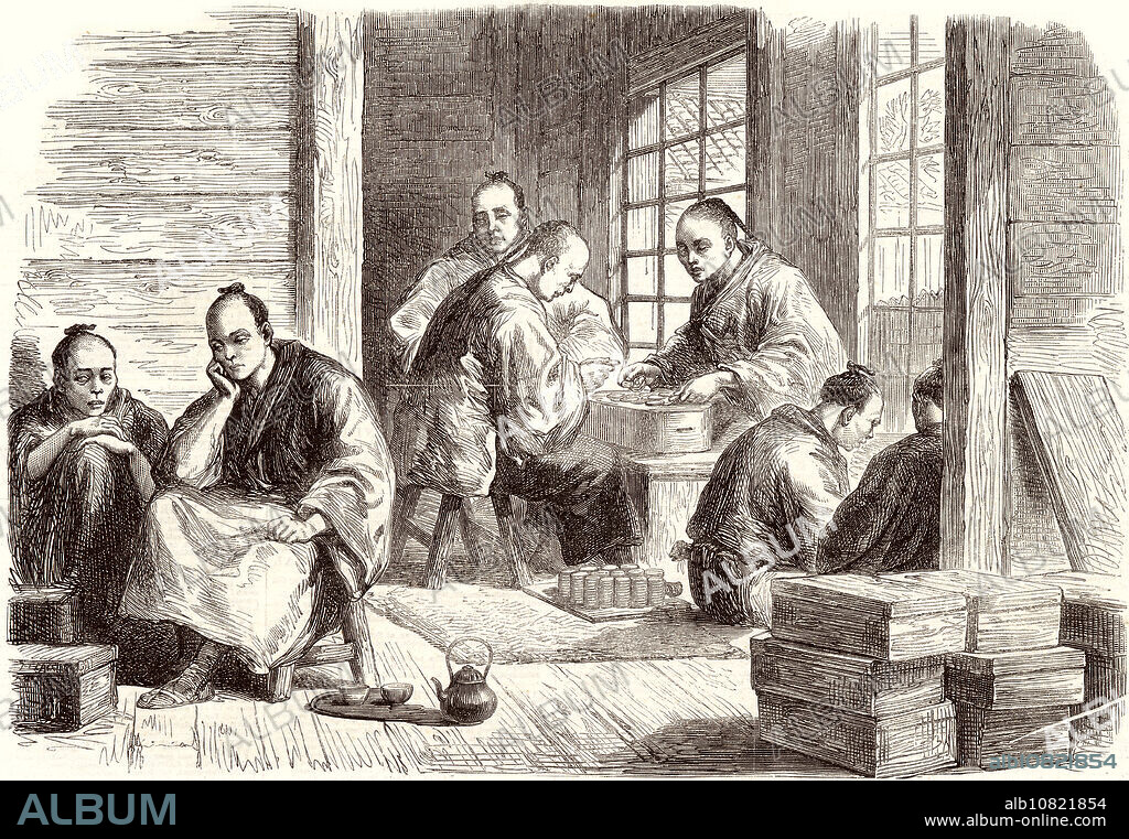 [ 1860s Japan - Japanese Counting Money ] Japanese representatives present an indemnity for the shelling of foreign shipping in Shimonoseki. The shelling eventually led to the Shimonoseki Campaign (/ , Shimonoseki Senso/ Bakan Senso) in 1863 (Bunkyo 3) and 1864. Published in The Illustrated London News of December 2, 1865. 19th century vintage newspaper illustration.