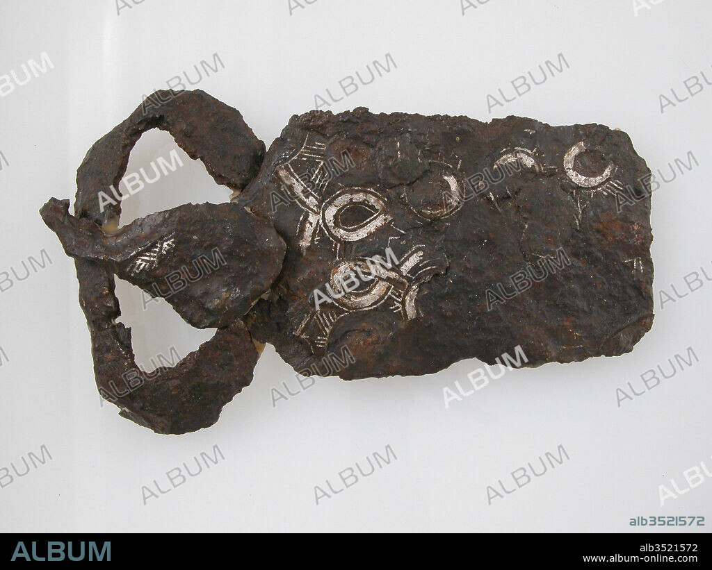 Belt Buckle Tongue, 4th–7th century, Frankish, Iron, silver inlay, Overall (attached together x.27, .33, .45): 5 3/8 x 3 1/16 x 13/16 in. (13.7 x 7.7 x 2 cm), Metalwork-Iron.