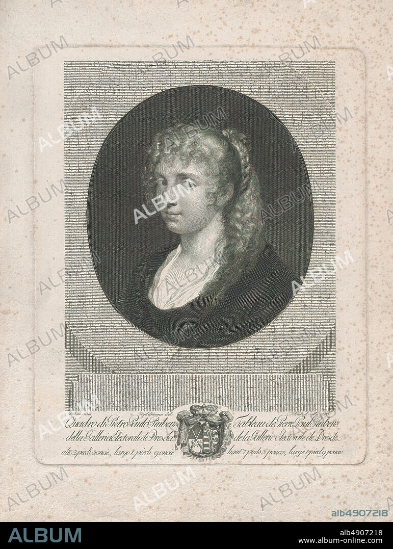 Christian Friedrich Stölzel, Portrait of a young woman, Christian Friedrich Stölzel (German, Dresden 17511815 Dresden), Intermediary draftsman Crescentius Josephus Jacob Seydelmann (German, Dresden 17501829 Dresden), After Peter Paul Rubens (Flemish, Siegen 15771640 Antwerp), 1786, Engraving, Plate: 10 15/16 × 8 11/16 in. (27.8 × 22.1 cm), Sheet: 14 5/16 × 10 13/16 in. (36.4 × 27.5 cm), Prints.