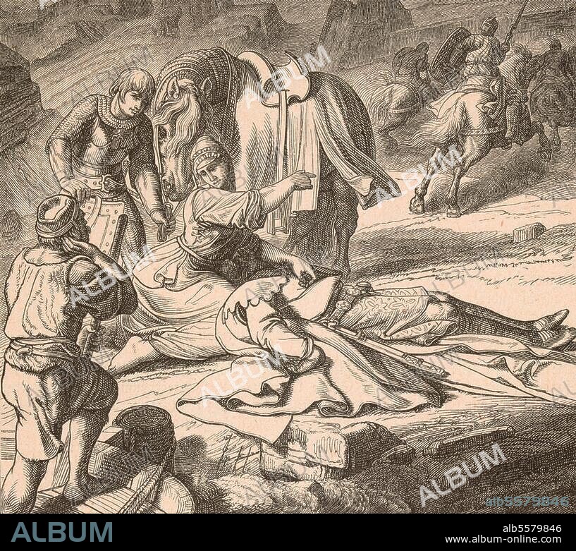 Albrecht I., deutscher König, 1255 - 1308, - "König Albrechts Tod". (Brugg a. d. Aare, 1.5.1308. Eine Bettlerin an der Leiche des von seinem Neffen Johann Parricida ermordeten Königs). Holzstich, 1877, von Friedrich Hottenroth (geb. 1840). Aus: W.Zimmermann, Gesch. des dt. Volkes, Bd. 3, Stuttgart 1877. Berlin, Sammlung Archiv für Kunst und Geschichte.