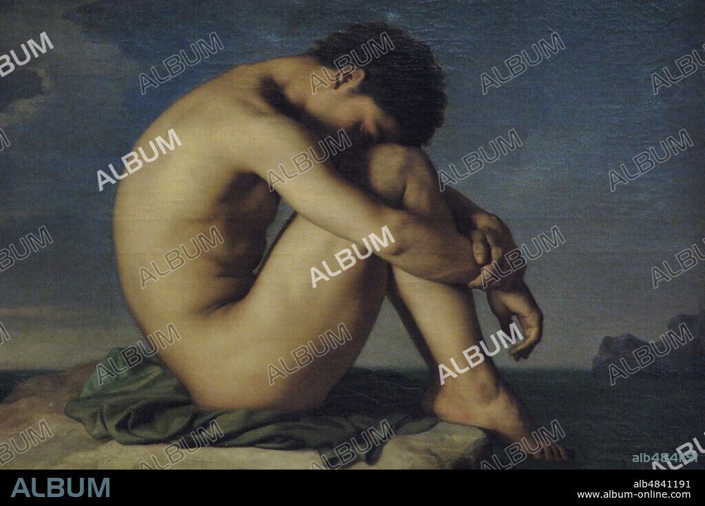 Hippolyte Flandrin (1809-1864). Pintor francés de la Escuela de Lyon. "Hombre joven desnudo sentado al borde del mar". Figura de estudio,1836. Museo del Louvre. París. Francia.