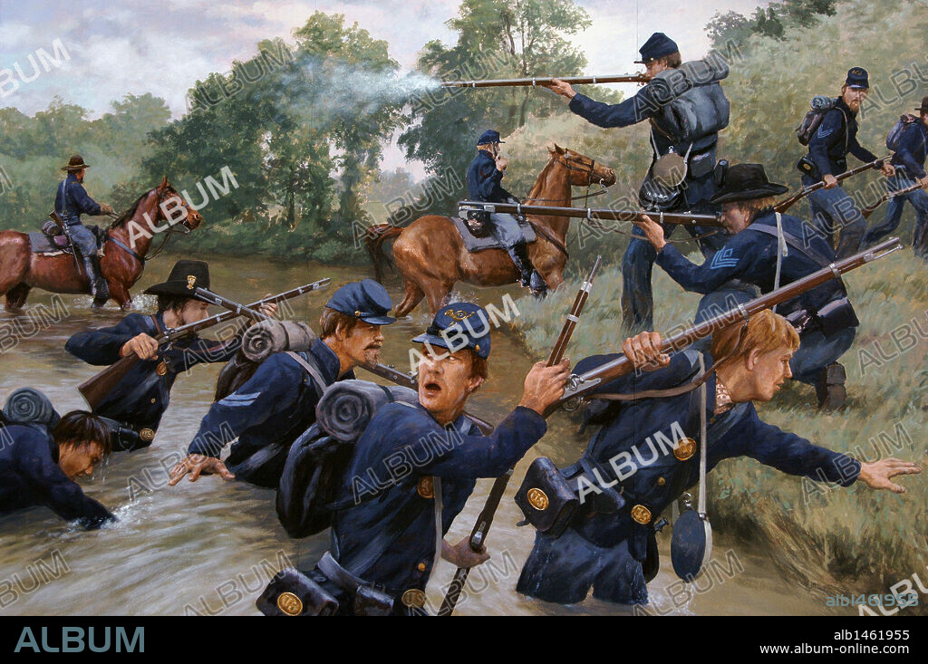 DON GRAY (B.1948). AMERICAN ARTIST.. Guerra de Secesión Americana (1861-1865). Batalla de Huzzah (29 de septiembre de 1864). Mural en la localidad sobre la Guerra Civil Norteamericana, obra de Don Gray (n.1948). Serie de murales que representan escenas históricas de temáticas tanto locales como nacionales. Cuba. Estado de Misuri. Estados Unidos.