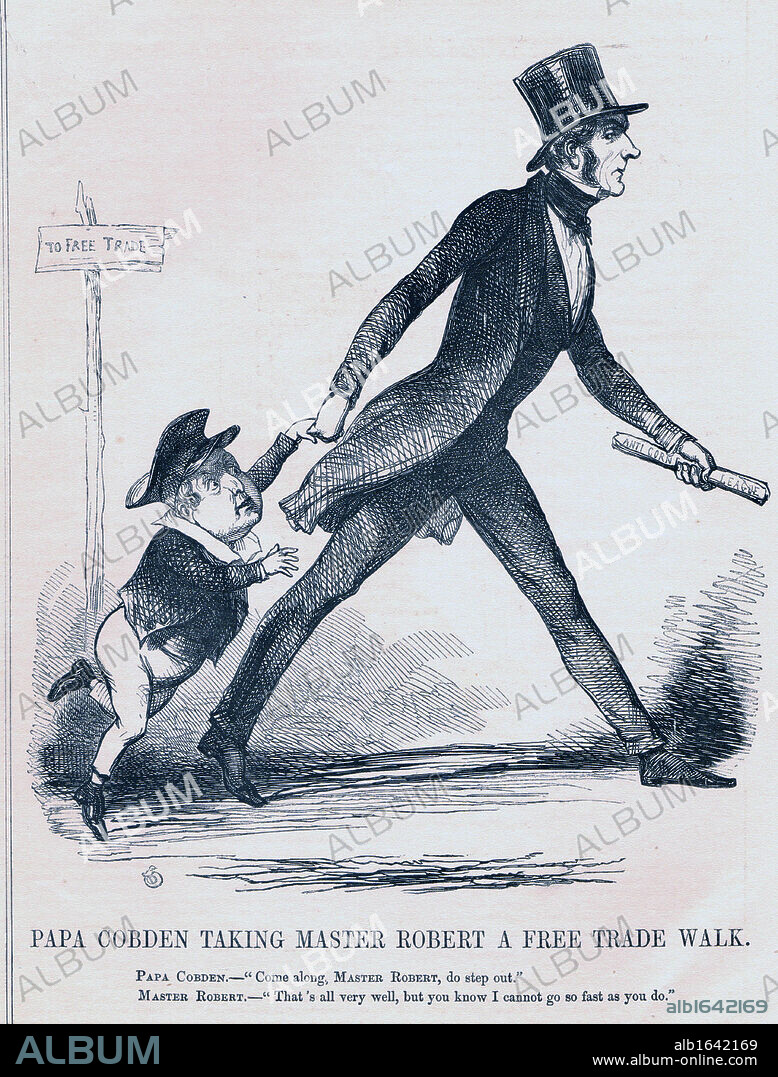 Repeal of Corn Laws and abolition of tariffs. Richard Cobden (1804-1865) an advocate of Free Trade , hurrying Robert Peel the Prime Minister, along the Free Trade Path. Corn Laws were repealed in 1846. Cartoon by Richard Doyle from 'Punch', London, 1845.