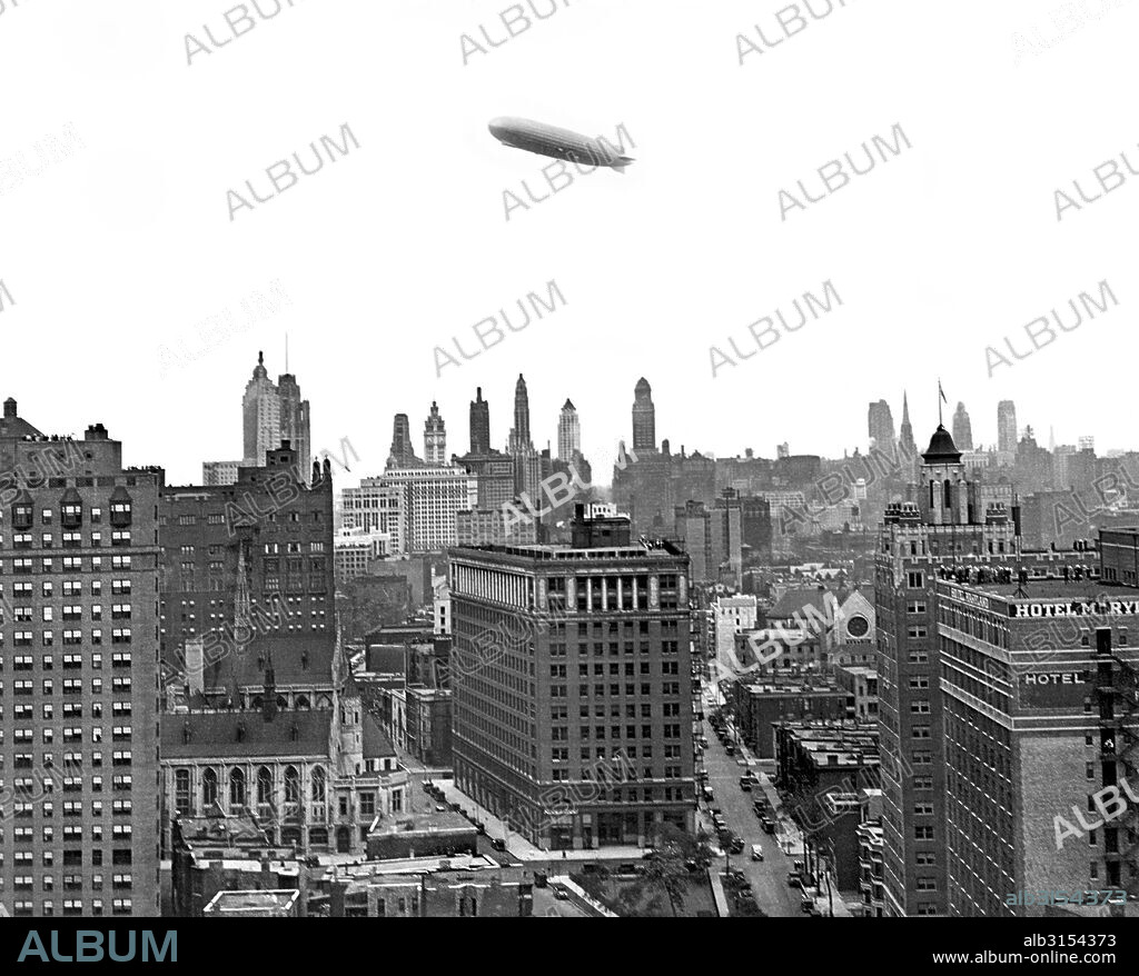 Chicago, Illinois:  August 29, 1929. THe Graf Zeppelin passing over Chicago enroute to Lakehurst, New Jersey.
