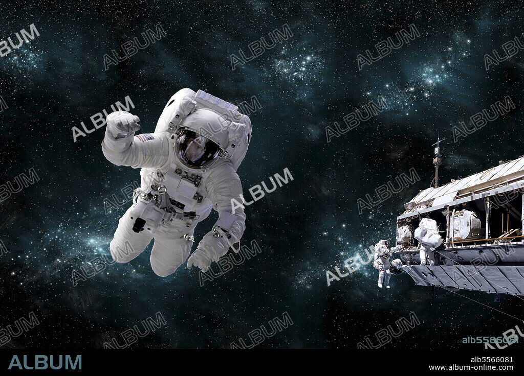 Artist's concept of astronaut floating in outer space while his fellow astronauts work on the space station. A galactic scene serves as background.