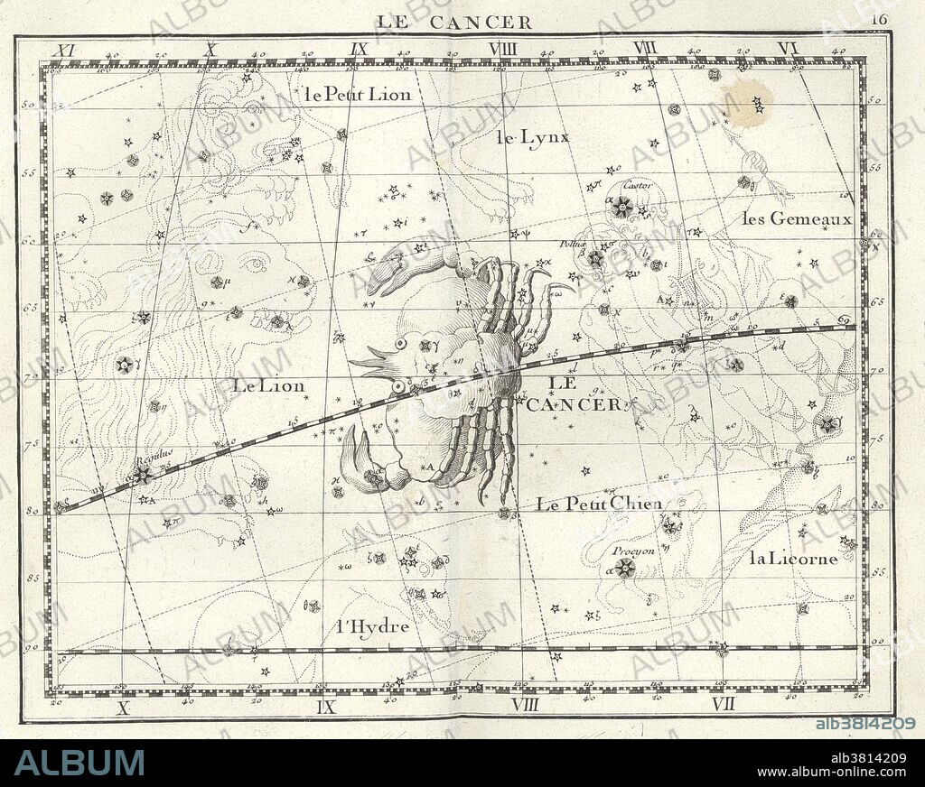 Cancer is one of the constellations of the zodiac. It is one of the 48 constellations described by the 2nd century astronomer Ptolemy, and remains one of the 88 modern constellations defined by the International Astronomical Union. Constellations directly bordering Cancer are Lynx, Gemini, Canis Minor, Hydra, Leo and Leo Minor. Cancer is the fourth astrological sign in the Zodiac, which is associated with the constellation Cancer. It spans the 90-120th degree of the zodiac, between 90 and 125.25 degree of celestial longitude, which the Sun transits this area on average between June 22 to July 22 each year. The Atlas Coelestis is a star atlas published posthumously in 1729, based on observations made by the First Astronomer Royal, John Flamsteed. The Atlas, the largest that ever had been published and the first comprehensive telescopic star catalogue and companion celestial atlas, contains 26 maps of the major constellations visible from Greenwich, with drawings made in the Rococo style by James Thornhill. One of his main motivations to produce the Atlas, was to correct the representation of the figures of the constellations, as made by Bayer's, Uranometria (1603). Bayer represented the figures viewed from behind (not from the front, as was done since the time of Ptolemy), which reversed the placement of stars and created unnecessary confusion.