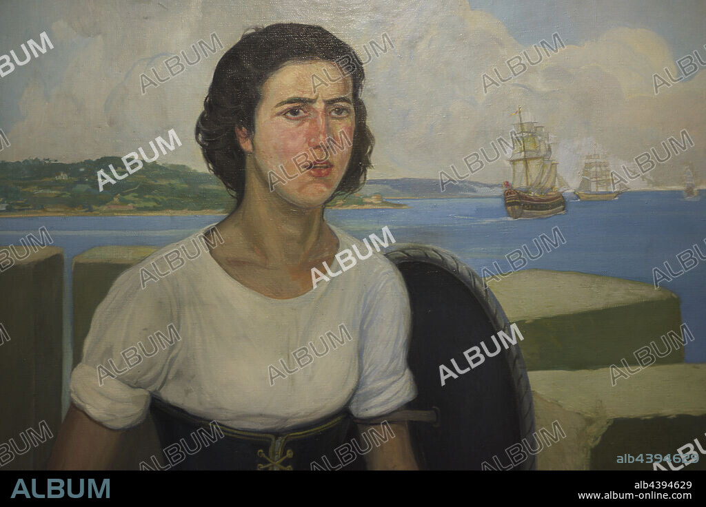 FRANCISCO LLORENS DÍAZ. María Pita (María Mayor Fernández de Cámara y Pita) (1565-1643). Heroina española. Felipe II le otorgó el grado de alférez por la defensa de La Coruña contra el ataque de la flota inglesa, al mando de Francis Drake. Retrato por Francisco Llorens Díaz (1874-1948), 1944. Detalle. Casa Museo María Pita. A Coruña. Galicia. España.