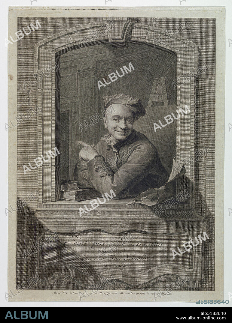 Self-Portrait of Maurice-Quentin de La Tour, Georg Friedrich Schmidt, French school, 1712 - 1775, Maurice-Quentin de La Tour, 1704 1788, Engraving on paper, Bust-length portrait of the artist, turned toward the left, looking out at the spectator. Enclosed in the architectural enframement of a window, his left arm rests on the sill, the hand pointed to the left. Inscription below, in frame: 'Peint par De La Tour/et Gravé/Par son ami Schmidt/en 1742.' Address in margin below., France, Paris, 1742, Print, Print.