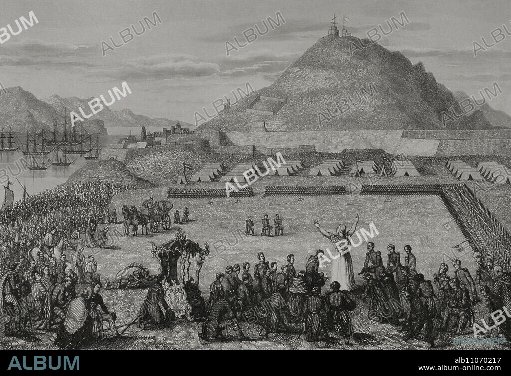 ANTONIO ROCA SALLENT (1813-1864). SPANISH ENGRAVER.. Liberal revolutions of 1848. In 1848 troops led by Garibaldi and Mazzini occupied the Vatican. On 24 November 1848, with the help of the Spanish, French and Bavarian ambassadors, Pope Pius IX (1792-1878) fled Rome, taking refuge in the Neapolitan fortress of Gaeta in the Kingdom of the Two Sicilies. On 18 February 1849, after the declaration of the Roman Republic on 9 February, the Pope asked for military aid from Spain, France, Austria and Naples. The Spanish government under Narváez ordered General Córdoba to send troops as a matter of urgency. After disembarking in the port of Gaeta on 28 May 1849, Pius IX reviewed the troops and imparted his blessing. Pope Pius IX blesses the Spanish troops which come to his aid on the coast of Gaeta. Engraving by A. Roca. "Los Héroes y las Grandezas de la Tierra" (The Heroes and the Grandeurs of the Earth). Volume VIII. 1856.