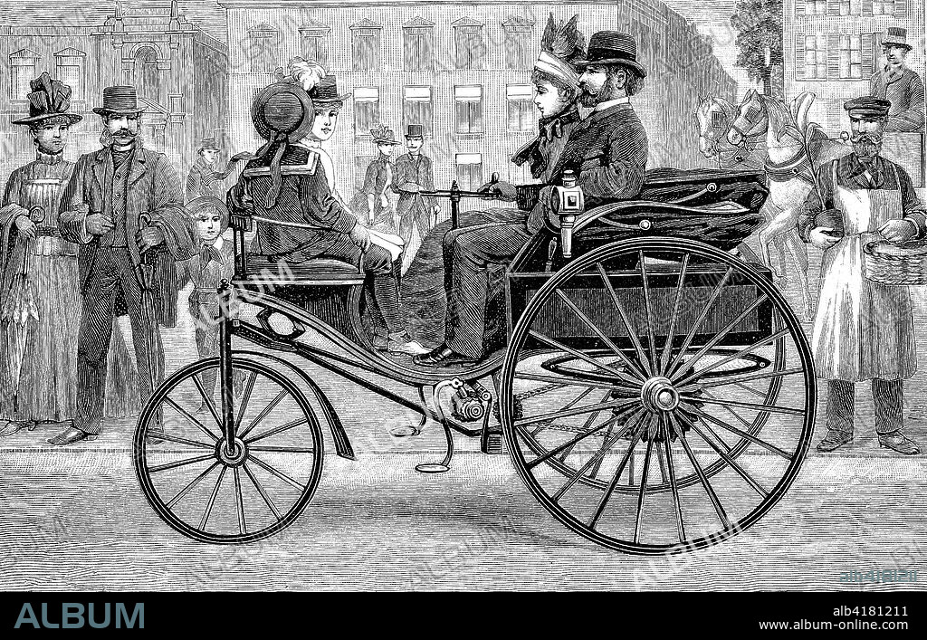 Carl Benz, The Benz Patent-Motorwagen Nr. 3 of 1888, used by Bertha Benz for the first long distance journey by automobile, hictorical illustration from 1880.