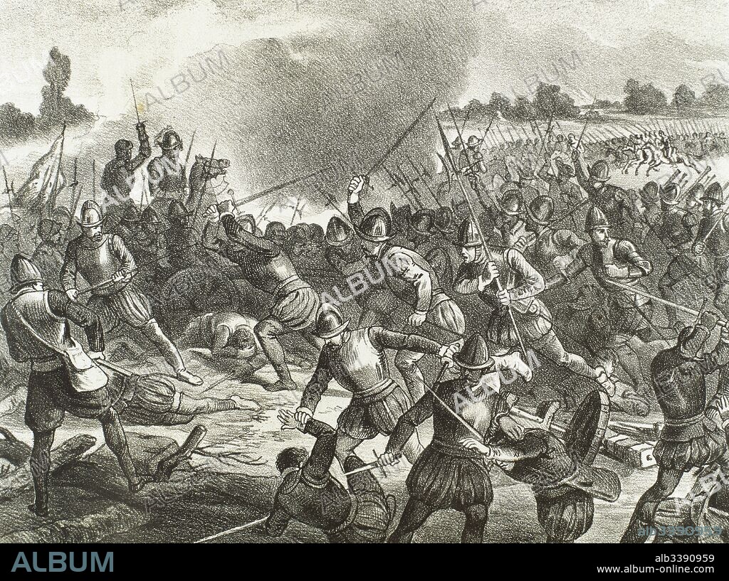 Batalla de San Quintín, 10 de Agosto de 1557. Victoria de los españoles, encabezados por el Duque de Saboya y el conde de Egmont, sobre las tropas del Duque de Montmorency que apoyaba a Coligny. Grabado del siglo XIX.