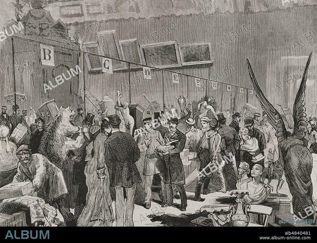 JUAN COMBA GARCÍA (1852-1924). SPANISH PAINTER AND ILLUSTRATOR. BERNARDO RICO (1825-1894). SPANISH ENGRAVER.. Francia. París. Recepción de lotes para la Lotería Nacional cuyo sorteo estaba previsto realizar el 10 de enero de 1879 en el Palacio de los Campos Elíseos. Acto de entrega y clasificación de los lotes en el Gran Salón del Palacio de los Campos Elíseos. La exposición de los mismos se abrió el 25 de diciembre de 1878. El kiosco central contenía los mejores y más valiosos lotes, en los que se colocaban contadores provisionales, señalados con las letras del alfabeto, en los que se depositaban e inscribían los objetos. Dibujo por Comba. Grabado por Rico. La Ilustración Española y Americana, 1878.
