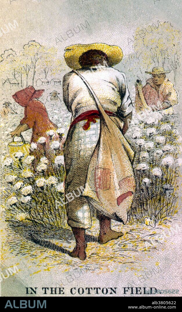 Entitled: "In the cotton field" showing African-Americans picking cotton. The Atlantic slave trade took place across the Atlantic Ocean from the 16th through to the 19th centuries. The majority of those enslaved that were transported to the New World, were West Africans from the central and western parts of the continent sold by West Africans to Western European slave traders, or by direct European capture to the Americas. Slavery in the United States was the legal institution of chattel slavery that existed in the United States of America in the 18th and 19th centuries. After the Revolutionary War, abolitionist laws and sentiment gradually spread in the Northern states, while the rapid expansion of the cotton industry from 1800 led to the Southern states to depend on slavery as integral to their economy, and they attempted to extend it as an institution into the new Western territories. The United States was polarized by slavery into slave and free states along the Mason-Dixon Line, which separated Maryland (slave) and Pennsylvania (free). Although the international slave trade was prohibited from 1808, internal slave-trading continued at a rapid pace, causing the forced migration of more than one million slaves from the Upper South to the Deep South in the antebellum years. The total slave population in the South eventually reached four million before abolition. Collecting card lithograph by Henry Louis Stephens, 1863.