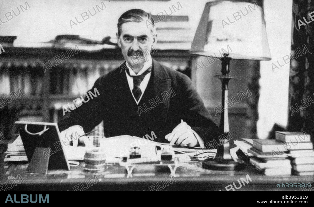 Neville Chamberlain (1869-1940), British prime minister, c1930s (1936). Following his election to parliament in 1918, Chamberlain served as postmaster general (1922-23), minister of health (1923, 1924-29, and 1931), and chancellor of the Exchequer (1923-24 and 1931-37) before he succeeded Stanley Baldwin as prime minister. His policy of appeasement toward Adolf Hitler's Germany culminated in the Munich Pact of September 1938, after which Chamberlain returned home proclaiming peace for our time. Later he recognized the failure of his policy and vowed support for Poland. After Germany's invasion of that country, Chamberlain led Britain into the war against the aggressor. He was forced to resign in May 1940 and was succeeded by Sir Winston Churchill. He served in Churchill's cabinet as lord president of the council until October 1940, when illness forced his resignation. He died the following month. From His Majesty the King, 1910-1935, introduction by HW Wilson (Associated Newspapers Ltd, London, 1936).