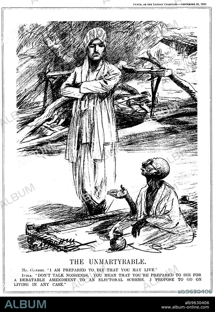 LEONARD RAVEN-HILL. Gandhi fasting in support of  Untouchables, 1932. Mohondas Karamchand Gandhi (1869-1948), known as Mahatma (Great Soul), Indian Nationalist leader. Gandhi, as a pacifist, used fasting and civil disobedience to bring pressure on the British colonial government. Here he is fasting in protest against the British government's proposal to segregate India's Untouchables, even to the extent of allotting them different electorates. Not all the Indian castes agreed with his protest. Cartoon from Punch. (London, 28 September 1932).