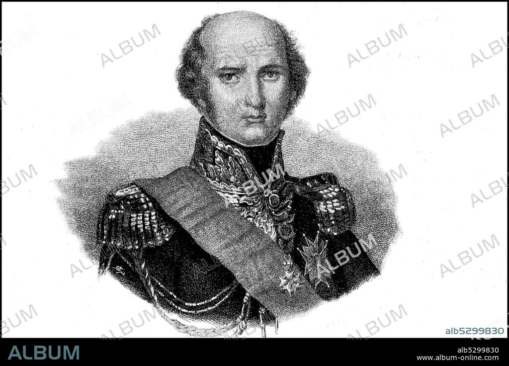 Louis-Nicolas d'Avout called Davout Davoust, duc d'Auerstedt, prince d'Eckmühl et de l'empire, May 10, 1770 - June 1, 1823, a French general, Pair and Maréchal d'Empire was  /  Louis-Nicolas d'Avoût, genannt Davoût, Davoust, duc d'Auerstedt, prince d'Eckmühl et de l'empire, 10. Mai 1770 - 1. Juni 1823, war ein französischer General, Pair und Maréchal d’Empire, Historisch, historical, digital improved reproduction of an original from the 19th century / digitale Reproduktion einer Originalvorlage aus dem 19. Jahrhundert,.