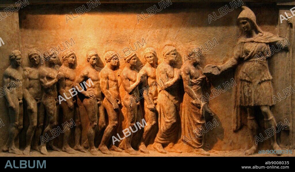 Marble votive relief dedicated to goddess Artemis Bendis. Made in Athens about 400-375 BC. From Piraeus, Attica.