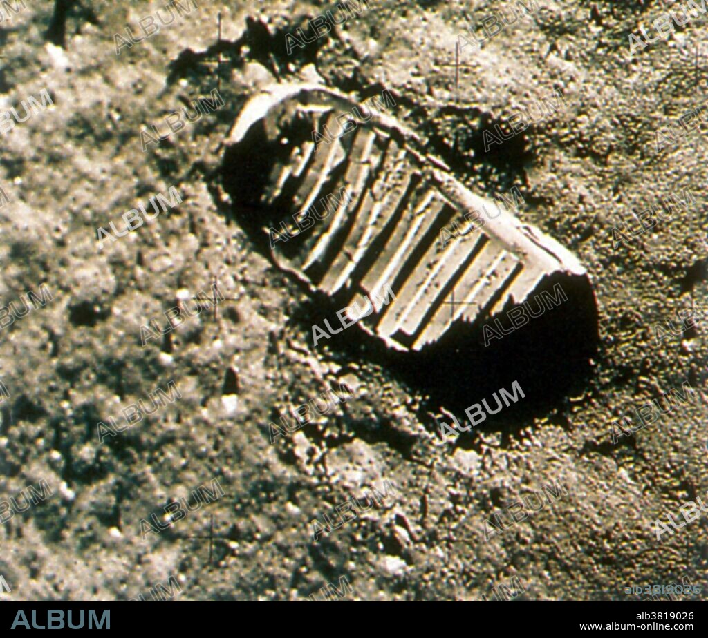 Apollo 11 photograph of the footprint of astronaut Neil Armstrong, the first man to walk on the Moon, imprinted in the lunar surface. The Apollo 11 Lunar Module, carrying Neil Armstrong and Edwin 'Buzz' Aldrin, performed the historic lunar landing on 20 July, 1969. The third Apollo 11 crewmember, Michael Collins, remained in lunar orbit in the Command and Services Module.