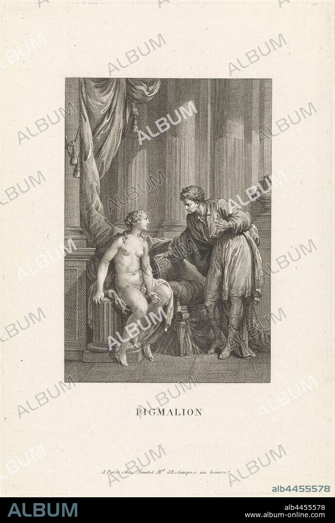 Pygmalion speaks with Galatea The story of Pygmalion (series title) Pigmalion (series title on object), Galatea, the living statue of Pygmalion, sits on a column. Pygmalion stands beside her and asks her some questions. The print is part of a series about the story of Pygmalion, Pygmalion falls in love with the statue he is carving, conversation, dialogue, conversation piece, Emmanuel Jean Nepomucene de Ghendt, Paris, 1748 - 1815, paper, engraving, w 150 mm × h 229 mm.
