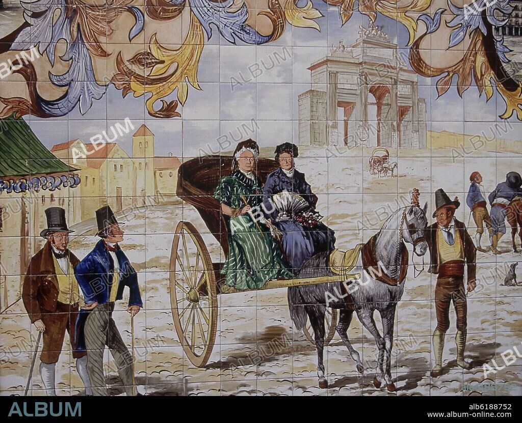 INFANTA ISABEL DE BORBON (LA CHATA) Y LA MARQUESA DE NAJERA CERCA DE LA PUERTA DE TOLEDO - MURAL DE AZULEJOS - SIGLO XX.