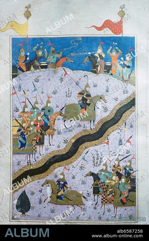Timur (Timur Lenk, Timuri-Läng, Tamerlan); asiatischer Eroberer aus turkisiertem mongolischen Geschlecht; Gründer der Timuriden-Dynastie in Persien und Transoxanien; Käsch ( Transoxanien) 8.4.1336-Otrar bei Tschimkent 19.1.1405. /-Aufstellung der feindlichen Heere Timurs und Amir Husayns zu beiden Seiten des Flusses ...