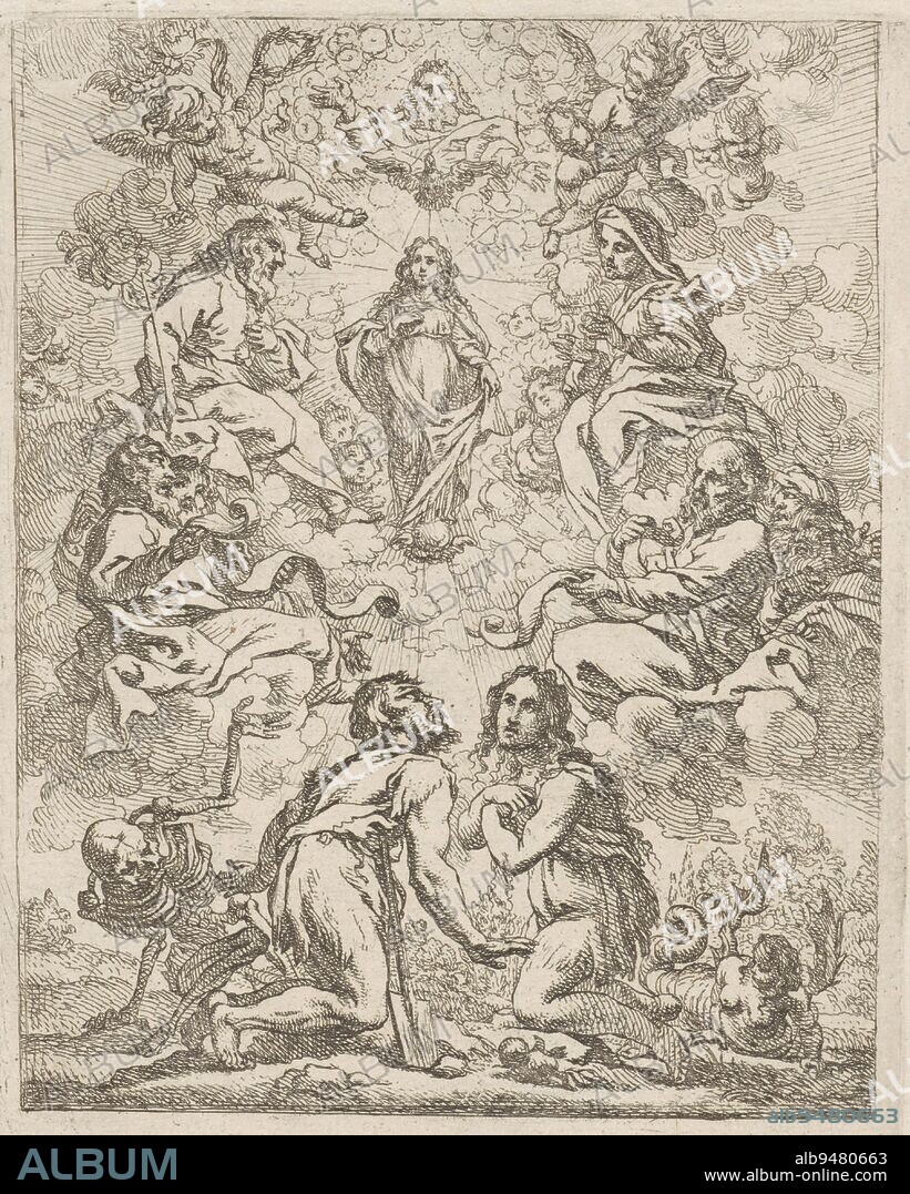 Adam, with Death beside him, and Eve, with the winged serpent behind her, kneel before Mary in the clouds. Mary is surrounded by the community of saints and by putti. Above, God the Father spreading his hands in blessing and the Holy Spirit, Adam and Eve kneeling before Mary, print maker: Cornelis Schut (I), 1618 - 1655, paper, etching, h 193 mm × w 132 mm.