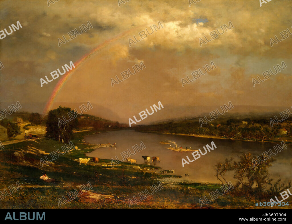 Delaware Water Gap. Artist: George Inness (American, Newburgh, New York 1825-1894 Bridge of Allan, Scotland). Dimensions: 36 x 50 1/4 in. (91.4 x 127.6 cm). Date: 1861.
From 1857 to 1891, Inness painted a number of views of the Delaware Water Gap, located on the border of Pennsylvania and New Jersey. This early version, which reflects some of the tenets of the Hudson River School, juxtaposes a moving steam engine at the left and heavily laden barges on the river, with the pastoral element of grazing cows in the foreground. The panoramic view of the countryside is enhanced by dramatic climatic effects: a passing storm and a rainbow.