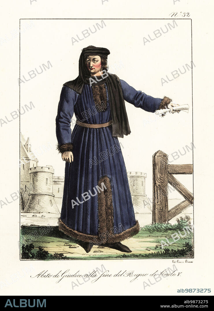Costume of a French judge, reign of King Charles V, late 14th century. In black cap with long tail, blue fur-lined robe, pointed shoes. In front of medieval castle. Costume des Juges a la fin du regne de Charles V. Handcoloured lithograph by Lorenzo Bianchi after Hippolyte Lecomte from Costumi civili e militari della monarchia francese dal 1200 al 1820, Naples, 1825. Italian edition of Lecomtes Civilian and military costumes of the French monarchy from 1200 to 1820.