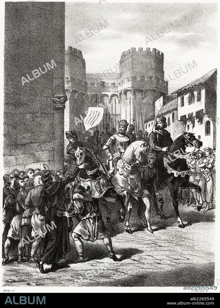 Historia de España. Entrada en Valencia de Pedro III el Ceremonioso (1319-1387), también llamado Pedro IV de Aragón el Ceremonioso, tras su victoria sobre la coalición formada por la Unión de Valencia y la Unión de Aragón, en 1348. Grabado de 1872.