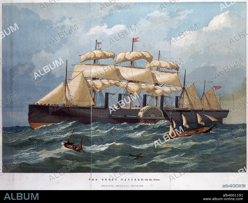 PSS 'Great Eastern on the ocean', 1858. Colour print after a painting by Edwin Weedon. This steamship, designed by Isambard Kingdom Brunel with John Scott Russell, was lauched in 1858 and was the largest vessel afloat until she was broken up in 1888. Brunel had proposed to the Eastern Steam Navigation Company the construction of a steamship six times the size of any then in use. Built of iron, in Millwall, London, she was fitted with both paddle wheels and a screwpropeller. It was not until 1899 that her dimensions were exceeded by the SS 'Oceanic'.