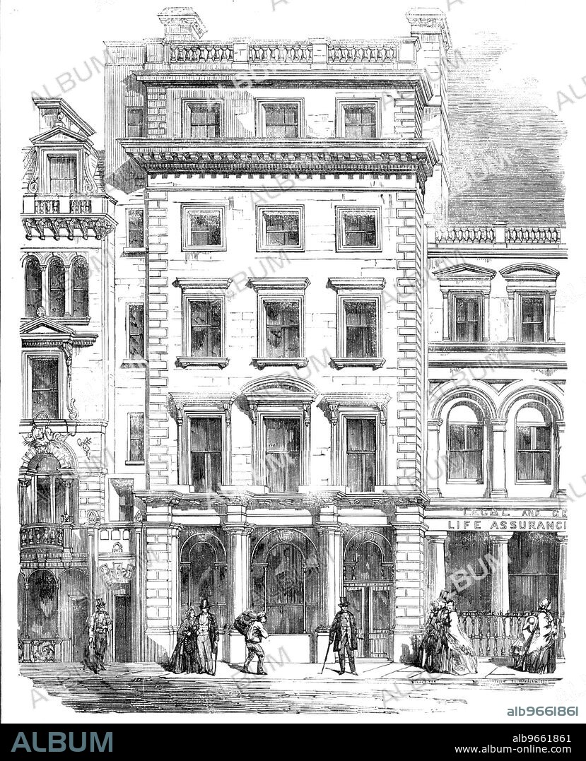 Improvements in Fleet-Street - the Union Bank of London, Temple Bar Branch, 1857. 'The house on the left, with a narrow but ornamental front, will be occupied by Mr. Groom, as was its predecessor, for the sale of his excellent coffee. Next door is the Rainbow passage; and adjoining is the new banking-house for the Temple-bar branch of the Union Bank of London - Atchison, architect. It has a very commanding appearance; the style is Italian, and the material Portland stone: the construction has several novel merits. It is fireproof, iron being largely employed throughout...the front window-frames are...of iron, cast and fitted with revolving shutters by Bunnett and Co. The strong room in the basement is fitted with Chubb's wrought-iron fireproof doors...Next door is the handsome office of the Legal and General Life Assurance Company'. From "Illustrated London News", 1857.