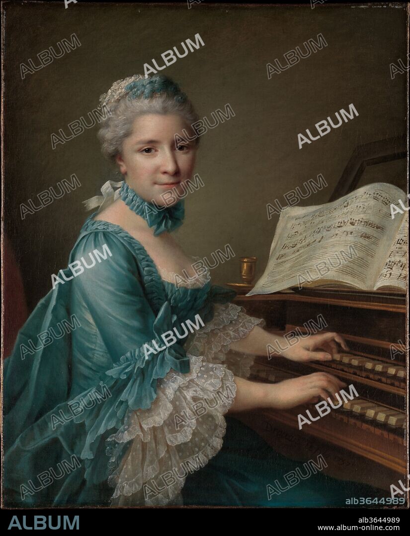 FRANCOIS HUBERT DROUAIS. Portrait of a Woman, Said to be Madame Charles Simon Favart (Marie Justine Benoîte Duronceray, 1727-1772). Artist: François Hubert Drouais (French, Paris 1727-1775 Paris). Dimensions: 31 1/2 x 25 1/2 in. (80 x 64.8 cm). Date: 1757.
In 1745 Mademoiselle Duronceray, a singer, dancer, and comedienne, married Charles Simon Favart (1710-1792) , the father of French comic opera. Among her best known roles was that of the peasant Lurine in <i>The Loves of Bastien and Bastienne</i>, 1753, in which she inspired a revolution in theatrical costume by wearing authentic peasant dress. Drouais's elegant secular portrait recalls traditional representations of Saint Cecilia, patron saint of music.