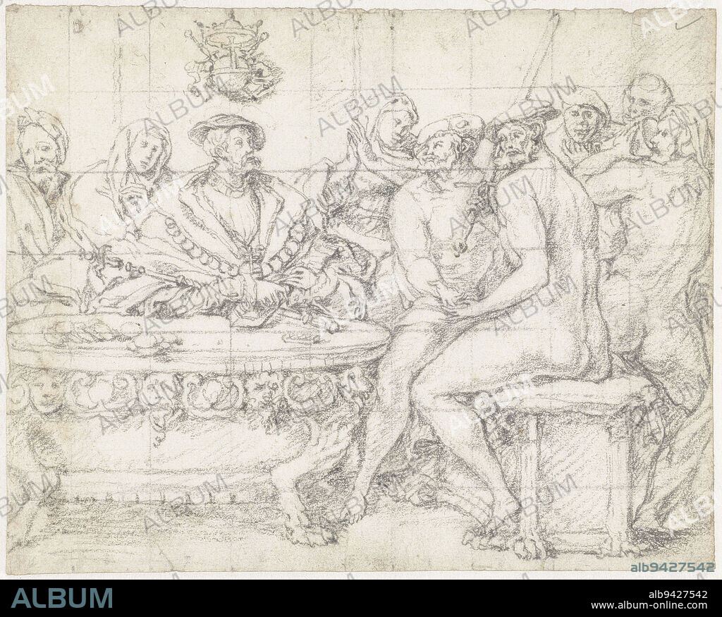 Jan van Leyden as king of the Anabaptists in Münster, between his wives and with his Council. Dusentschur and Knipperdolling are presented naked, the latter with the National Sword. Above the head of Jan van Leyden the crowned Reichstag, Jan van Leyden and his Council., draughtsman: Heinrich Aldegrever, 1535 - 1558, paper, h 160 mm × w 200 mm.