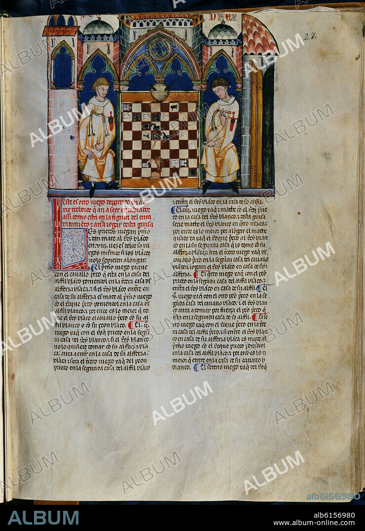 ALFONSO X DE CASTILLA EL SABIO. LIBRO DE JUEGOS O LIBRO DEL AJEDREZ DADOS Y TABLAS - 1283 - FOLIO 27R - DOS CABALLEROS DE LA ORDEN DE SANTIAGO JUGANDO AL AJEDREZ - MANUSCRITO GOTICO.