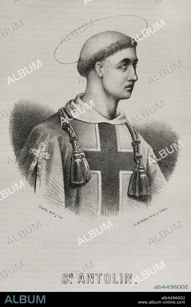 San Antolín de Pamiers o San Antolín. Mártir visigodo de la Galia que vivió en los siglos V y VI. Dibujo por Llanta. Litografía. Crónica General de España, Historia Ilustrada y Descriptiva de sus Provincias. Tomo Asturias y León, 1867. Biblioteca Histórico Militar de Barcelona, Cataluña, España.