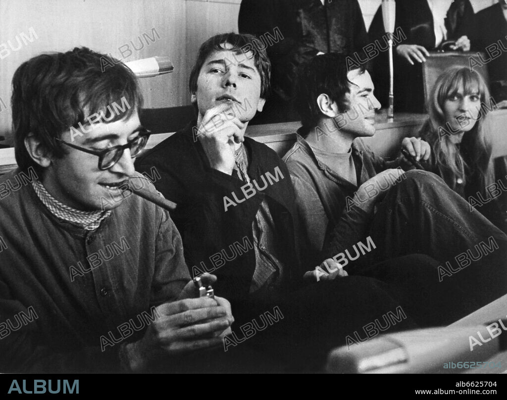 The four defendants (l-r) Thorwald Proll, Horst Söhnlein, Andreas Baader and Gudrun Ensslin shortly before the conviction in the shopping mall arsonist legal proceedings on the 31st of October in 1968 in Frankfurt am Main. The are accused of having set fires in two shopping malls with a possible danger for people in Frankfurt and of having caused a damage of two million mark. 
The defendants received a sentence of three years for arson with possible danger for people.

+++(c) dpa - Report+++. 31/10/1968
