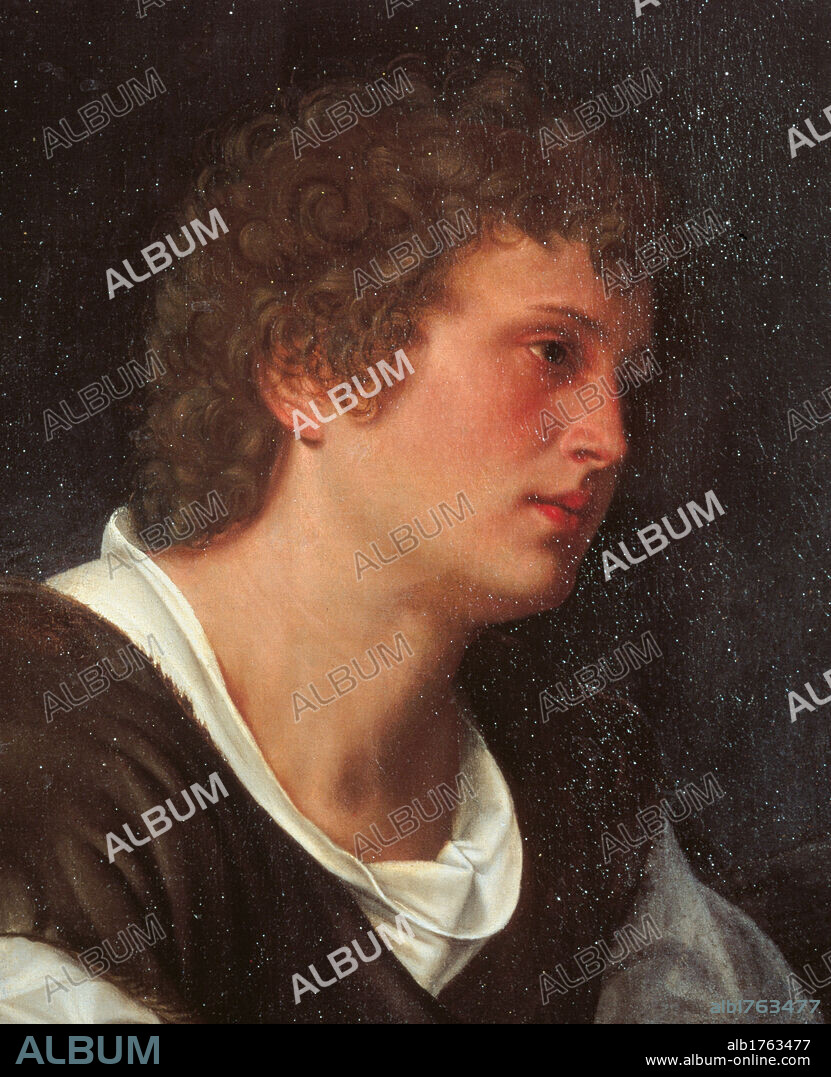 Portrait of a Young Man, by Giovanni Girolamo (Gerolamo) Savoldo, 1525 about, 16th Century, oil on canvas, cm 60 x 40. Italy, Lazio, Rome, Borghese Gallery. Detail. Young mans face. The curly hair softly falls down on his forehead and ear. The light underlines the complexion. The background is black. Authorization required for non editorial use.