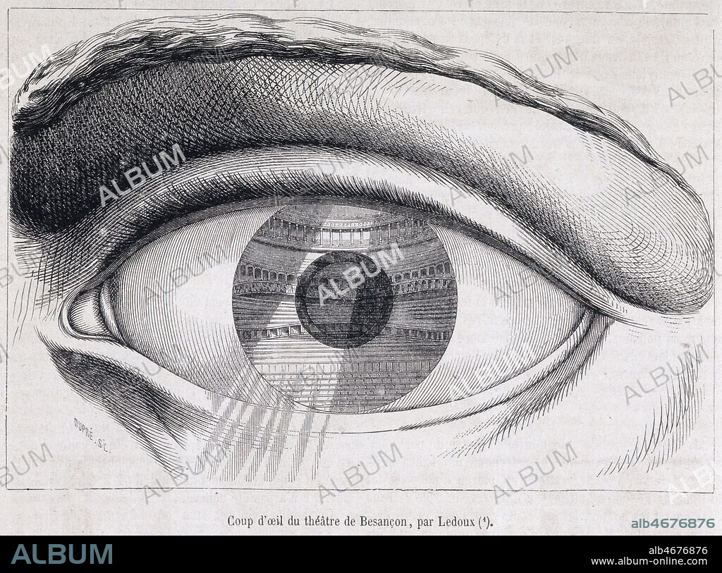 'Coup d'oeil du theatre de Besancon, par LEDOUX (1736-1806)'. Gravure tiree du Magasin Pittoresque en 1859. Credit : Collection KHARBINE-TAPABOR.