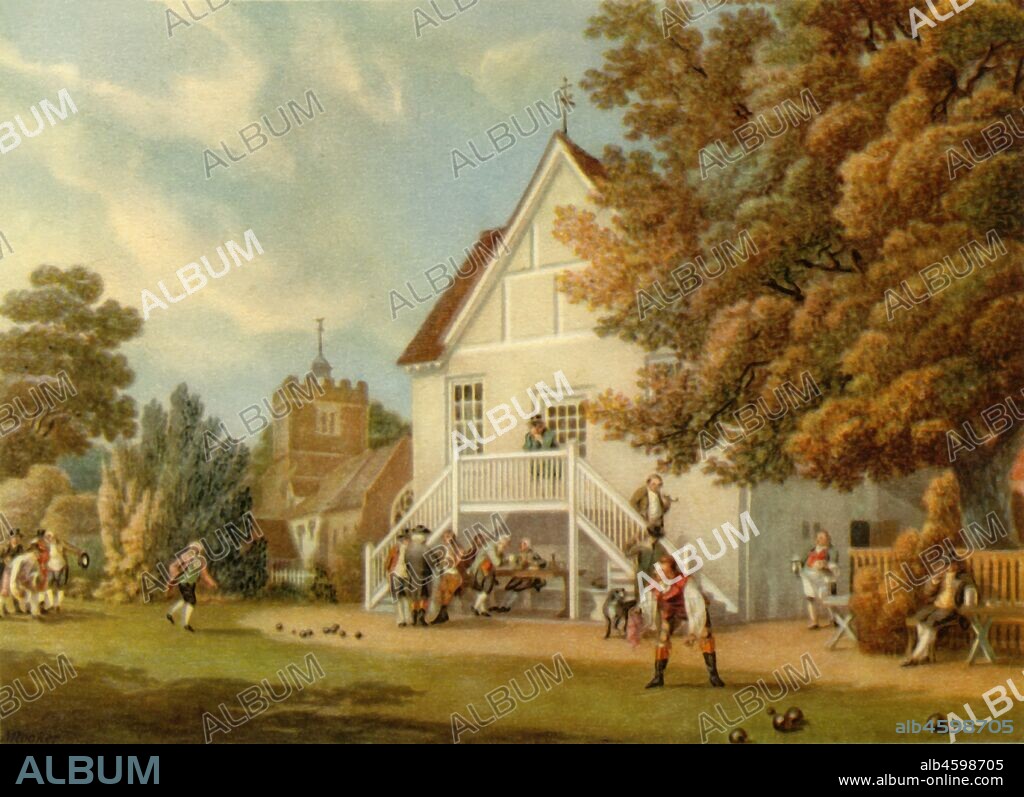 MICHAEL ANGELO ROOKER. 'The Bowling Green', late 18th century, (1941). A game of lawn bowls on Hurst Bowling Green in Berkshire. The first documented date for the Hurst Bowling Club is 1747. The building in the centre was known as the Church House. It later became the Bunch of Grapes public house. From "British Sport", by Eric Parker. [Collins, London, 1941].