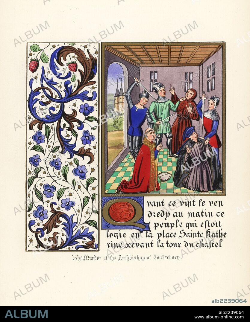 Beheading of Simon Sudbury, Archbishop of Canterbury, in the Tower of London during the Peasants' Revolt, 1381. Illuminated panel with foliage, flowers and strawberries. Handcoloured lithograph after an illuminated manuscript from Sir John Froissart's "Chronicles of England, France, Spain and the Adjoining Countries, from the Latter Part of the Reign of Edward II to the Coronation of Henry IV," George Routledge, London, 1868.