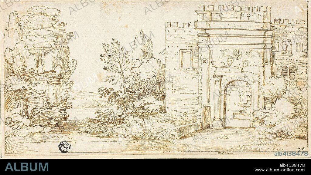 View of La Magliana. Giovanni Francesco Grimaldi; Italian, 1606-1680. Date: 1665-1675. Dimensions: 132 x 260 mm. Pen and brown ink, over traces of graphite, on ivory laid paper. Origin: Italy.